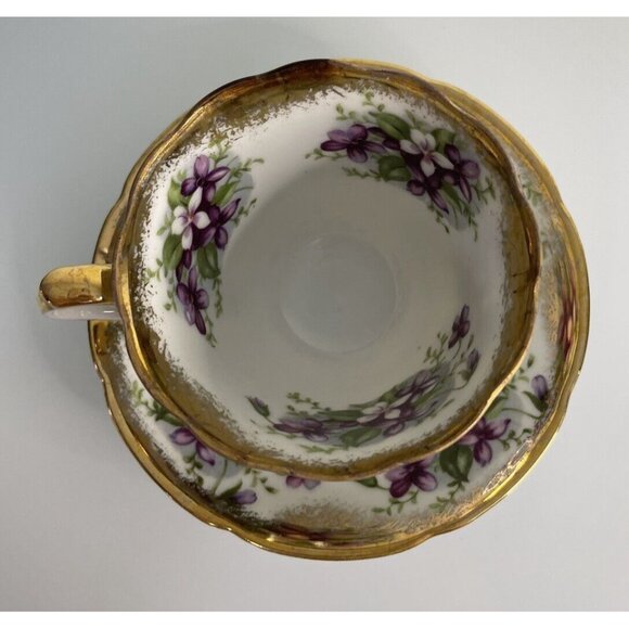 Old Gold Japan Handpainted Gold Edge Purple Floral Teacup & Saucer Made in Japan - Picture 3 of 12